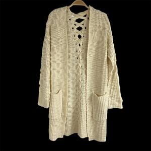 Poof New York Y2K Long Pocket Cardigan Sweater Women M Cream Lace Up‎ Open Knit